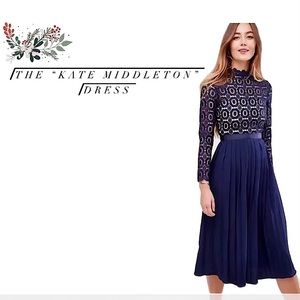 Little Mistress Long Sleeve Crochet Top Pleated Midi Dress in Navy. Size 4.